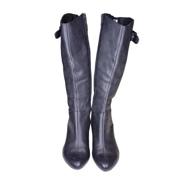 Tsubo High Heel Boots Black Leather Knee Boots Buckle Detail Size 7